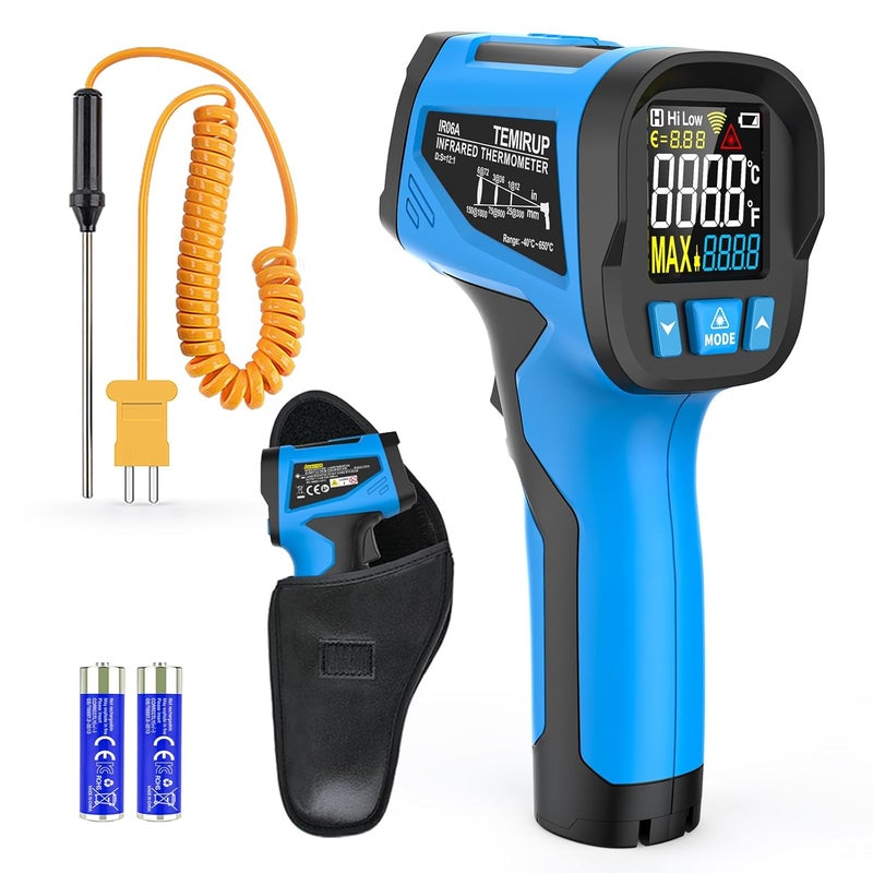 Temirup Infrared Thermometer Temperature Gun - Non-Contact Digital Laser Thermometer Temp Gun with Thermocouple Probe for Industrial, Cooking, Griddle, Engine, HVAC, Adjustable Emissivity,-40℉~1202℉ - Image 1